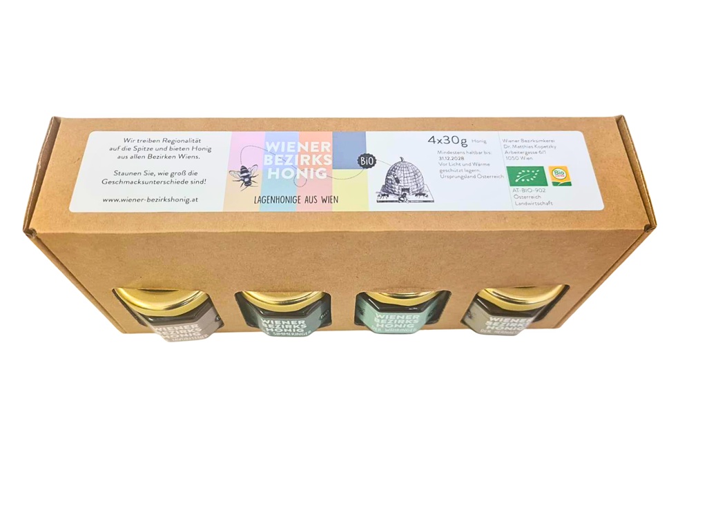 4er Geschenkkarton für 30g Glas BIO Bezirkshonig