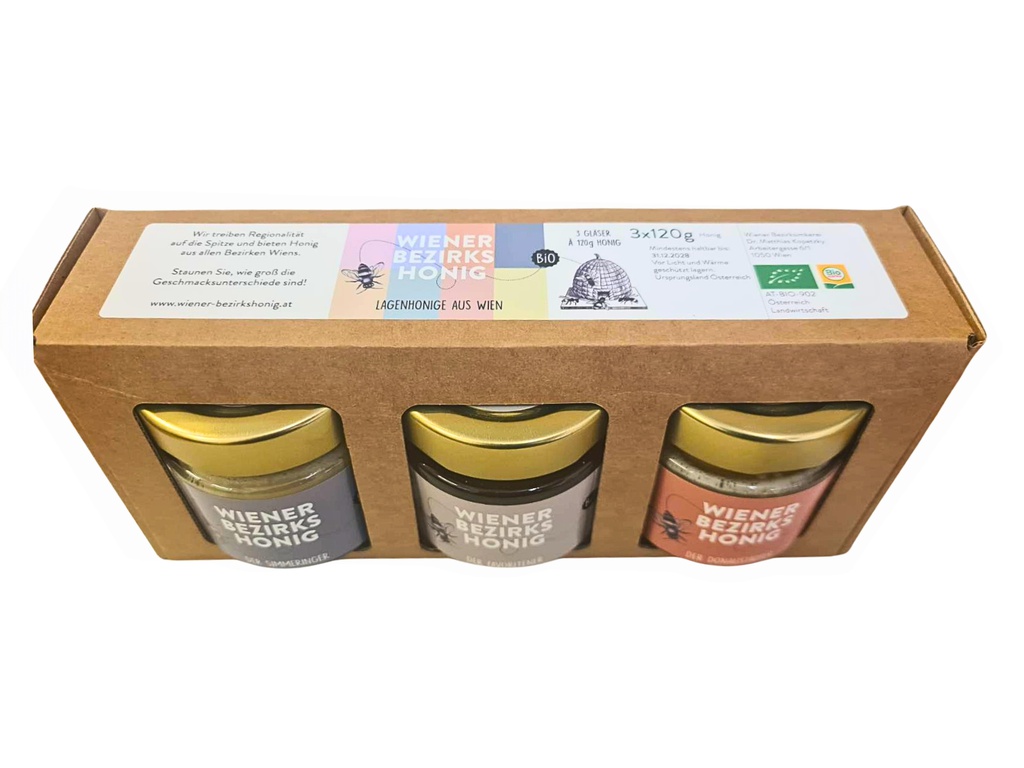 3er Geschenkkarton für 120g Glas BIO Bezirkshonig